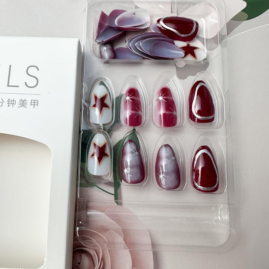 Mkwntg 24Pcs Wine Red Press on Nails Medium Almond Fake Nails with 3D Silver Chrome Line Design Star Ombre Full Cover Acrylic False Nails Y2K Reusable Glossy Stick on Nails for Women manicure DIY
