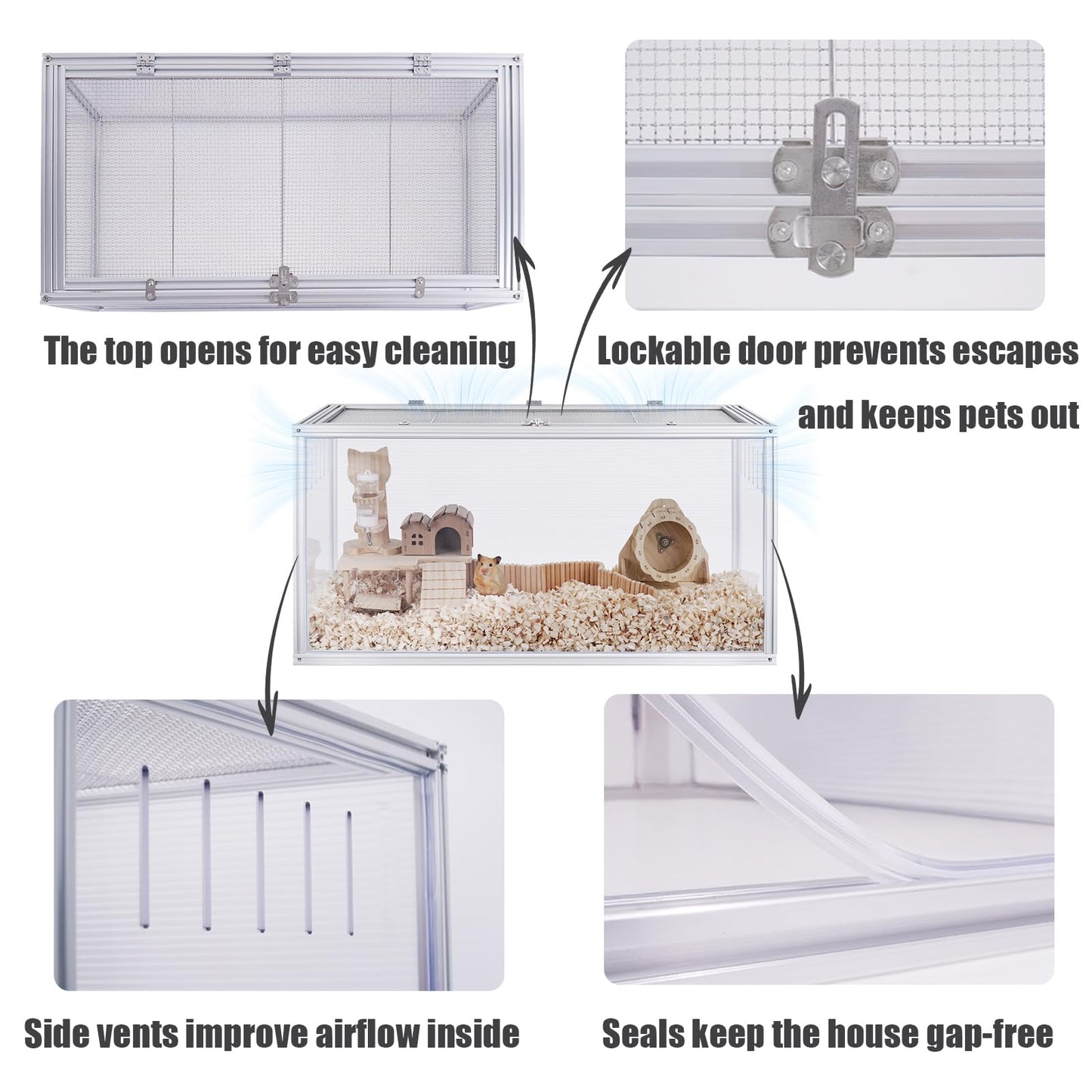 Jiwinner Large Hamster Cage, 32 x 16 x 16 in Chew-Proof Metal Frame, Clear Acrylic with Vent Holes, Hinged Top with Stainless-Steel Mesh — Hamster Enclosure