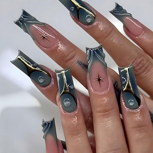IMRAIN Long Press on Nails Square French Tip Fake Nails with 3D Wave Design Full Cover Blue Gradient & Golden Line Acrylic Nails Glossy Glue on Nails Artificial Squoval False Nails 24Pcs