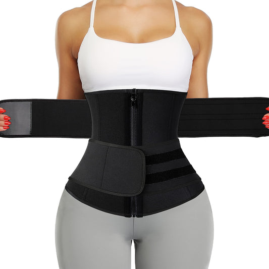 KIWI RATA Neoprene Sauna Waist Trainer Corset Sweat Belt with 2 Straps for Women Sweat Band Compression Cincher Workout Fitness Trimmer,#1 Zipper Black,Small