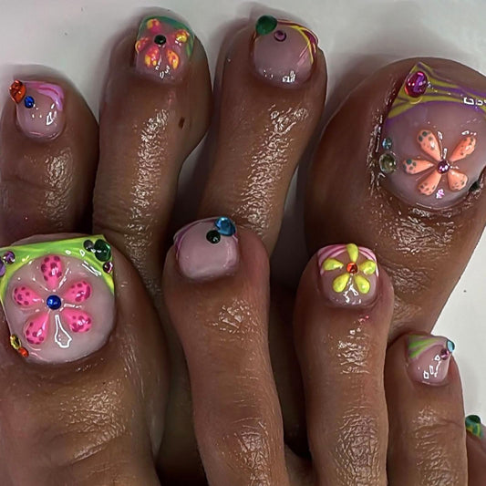 RUOKEXIN Short Press on Toenails French Tip Fake Toenails with 3D Flower Rhinestones Designs Square Toe Nail Press ons Glossy Artificial Nails for Women 24Pcs