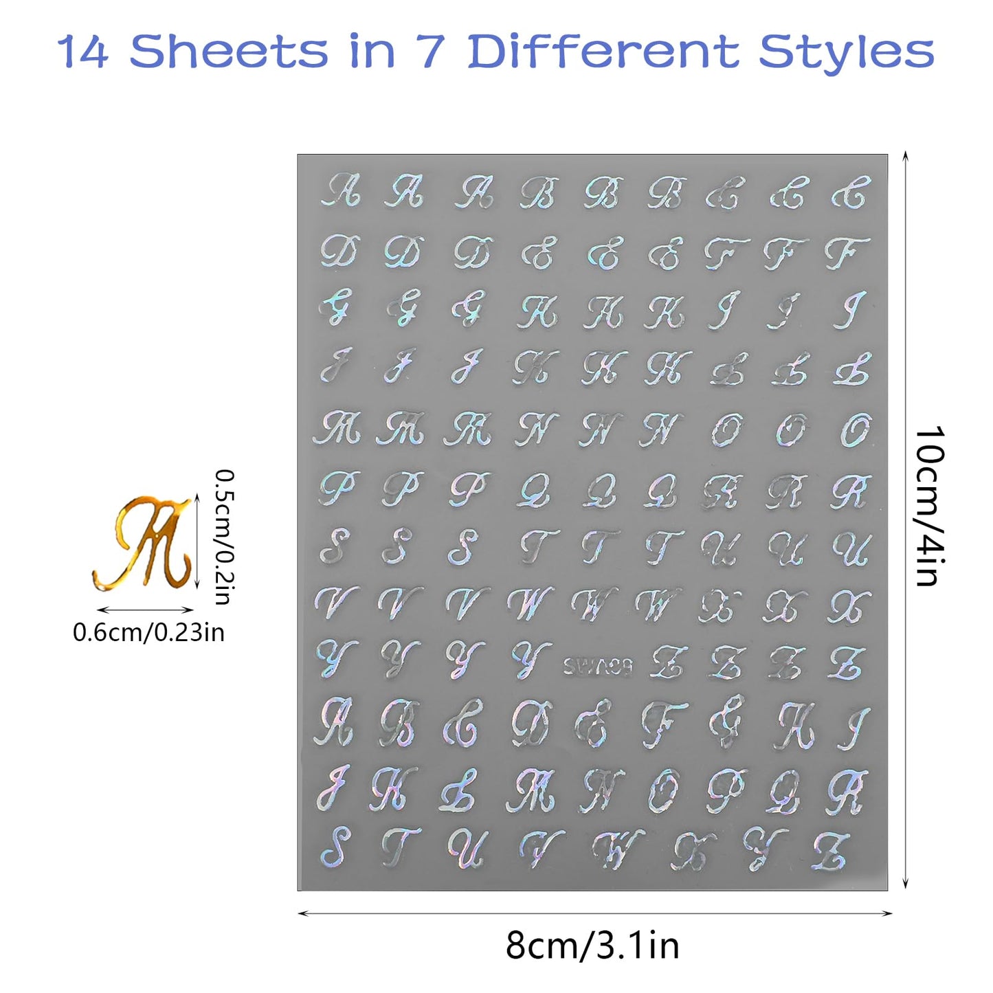 14 Sheets Letter Nail Stickers for Nail Art, 3D Self-Adhesive Black White Gold Silver Old English Nail Letter Stickers, Nail Art Stickers DIY Decoration Nail Accessories for Women Girls