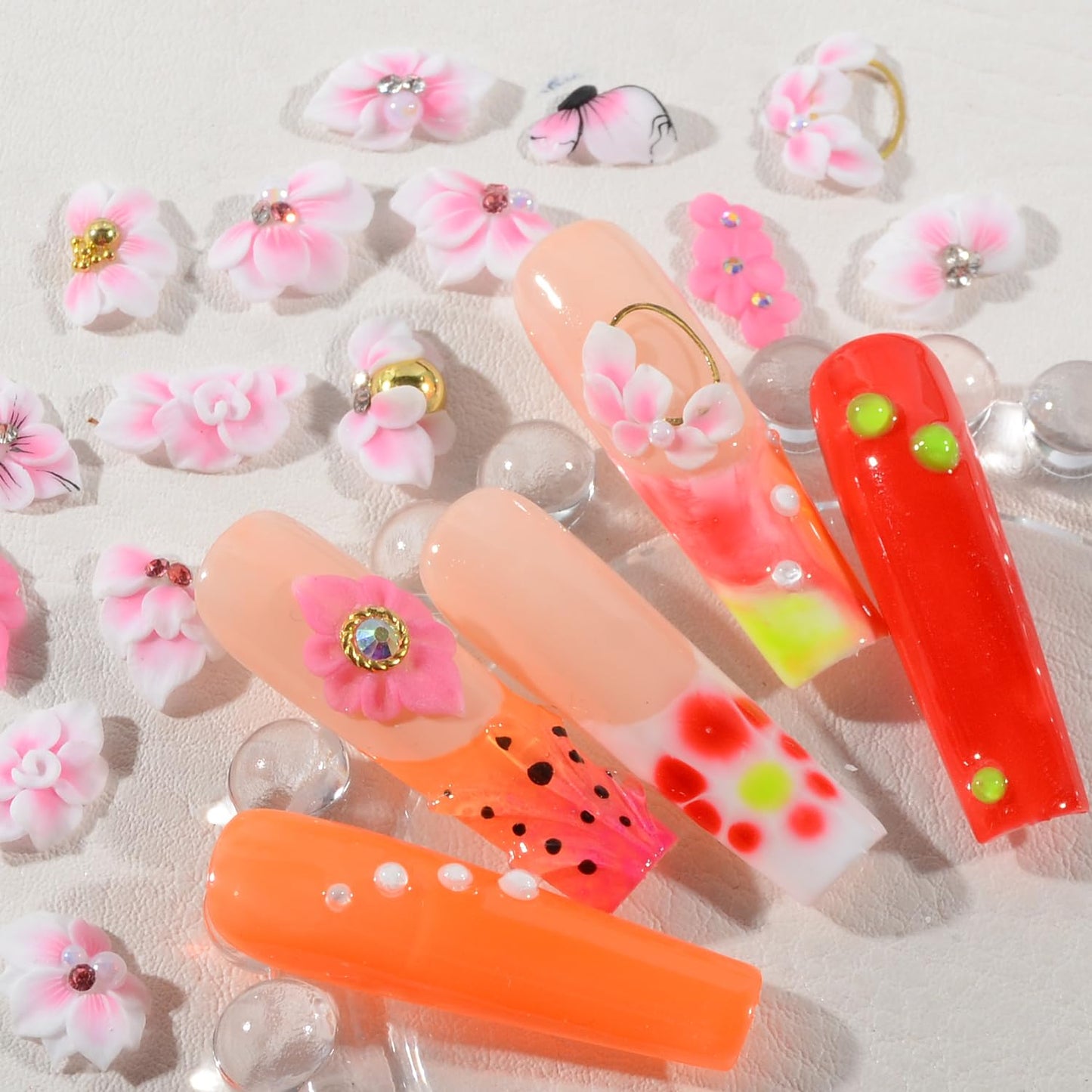 30PCS 3D Handmade Flower Nail Art Charms Advanced Handcrafted Cherry Blossom Flower Colorful Sculpted Floral Nails with Rhinestone Caviar Beads Design for Women Profession Nail Art Craft Jewelry