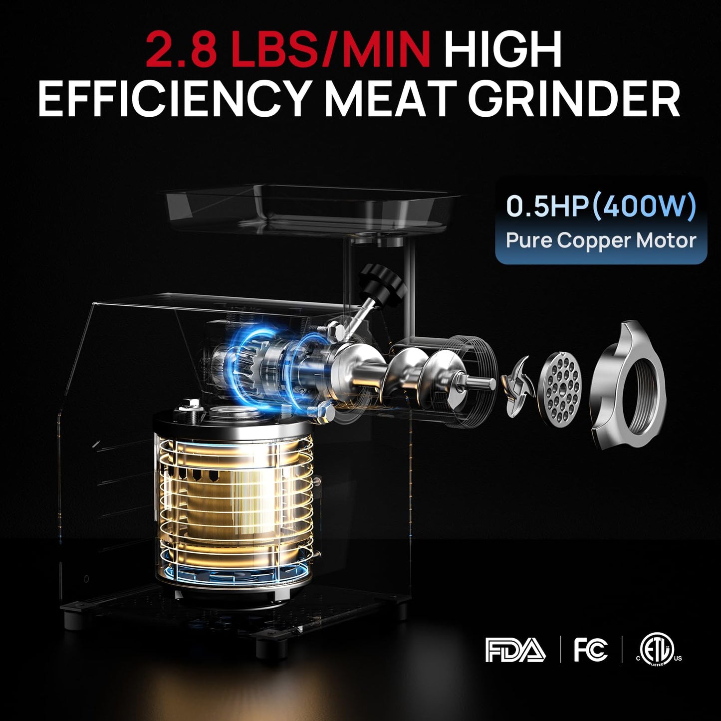 ARINOO Electric Meat Grinder #8, 0.5HP Heavy Duty Industrial Stainless Steel Meat Mincer, Sausage Stuffer with 2 Blades, 2 Plates & 3 Sausage Tubes, Meat Grinder Machine for Home Use Butchering