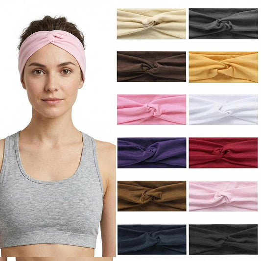 Stretchy Wide Headbands for Women - 12 Pcs Non Slip, Absorbed Sport Headband Soft Twist Knotted Headbands for Daily Life Yoga Workout(12 Color3)
