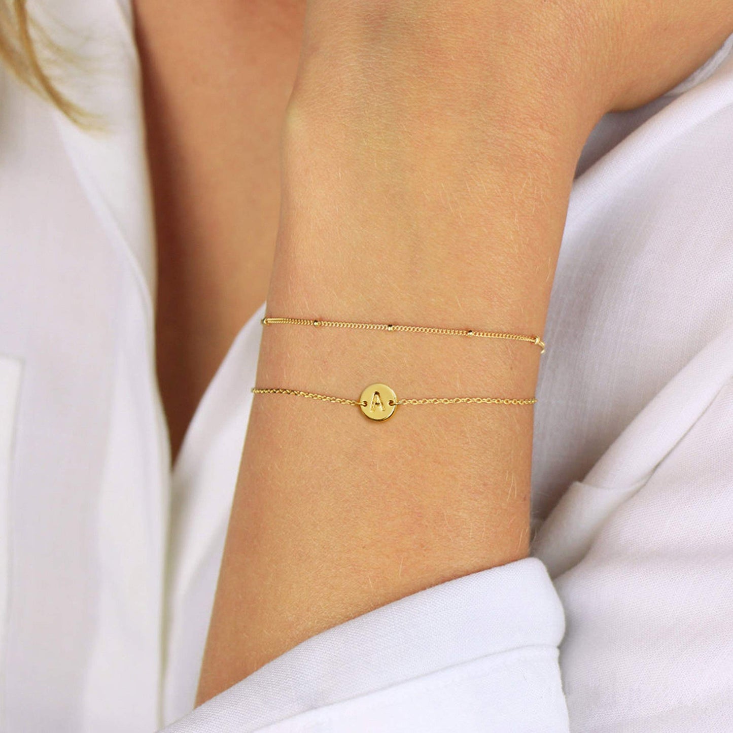 MONOZO Gold Initial Bracelets for Women, Dainty 14K-gold-plated Layered Beaded I Letter Initial Bracelet Personalized Alphabet Disc Monogram Charm Bracelet Jewelry Gifts