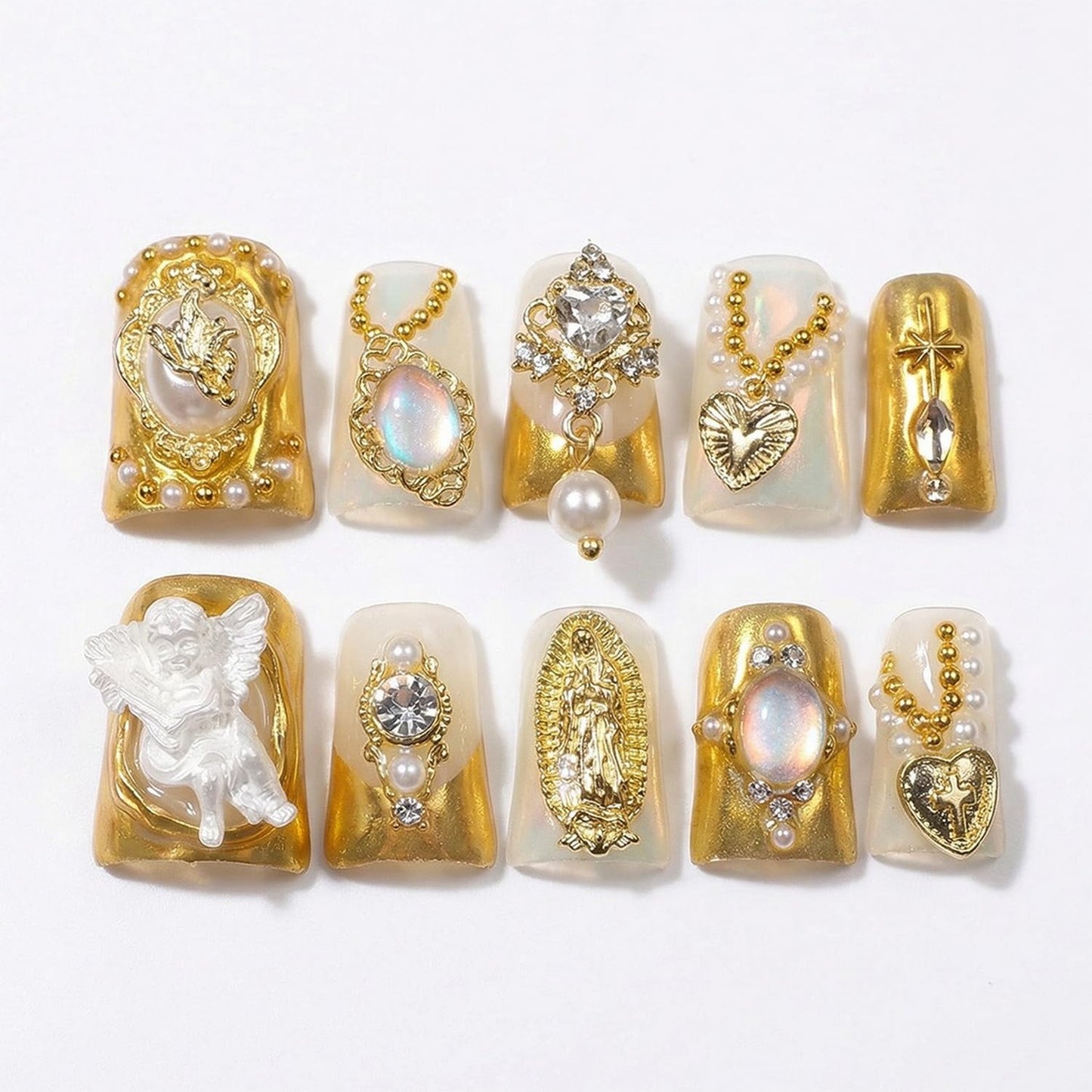 10 Pcs Handmade Press on Nails Short Duck Fake Nails Flower Luxury 3D Charms Vintage Pearl & Rhinestone Design Golden French Stick on Nail Reusable Thick Muti-Layer Gel Acrylic Nails for Women（M)