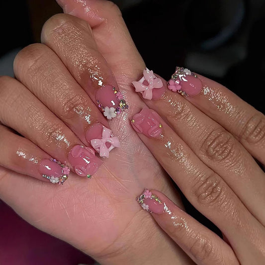 Pink Press On Nails Short Square Fake Nails With Bow Rhinestone Design French Nail Press Ons Embossed Bow Flower Acrylic Nails Glossy False Nail For Women