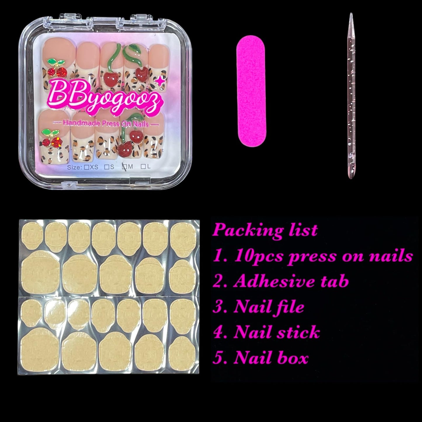 Handmade Press on Nails 3D Hand-scuplted Red Cherry Short/Medium Square False Nails | Leopard Print French Tips | Reusable Acrylic Fake Nails (Cherry Bouquet, M)