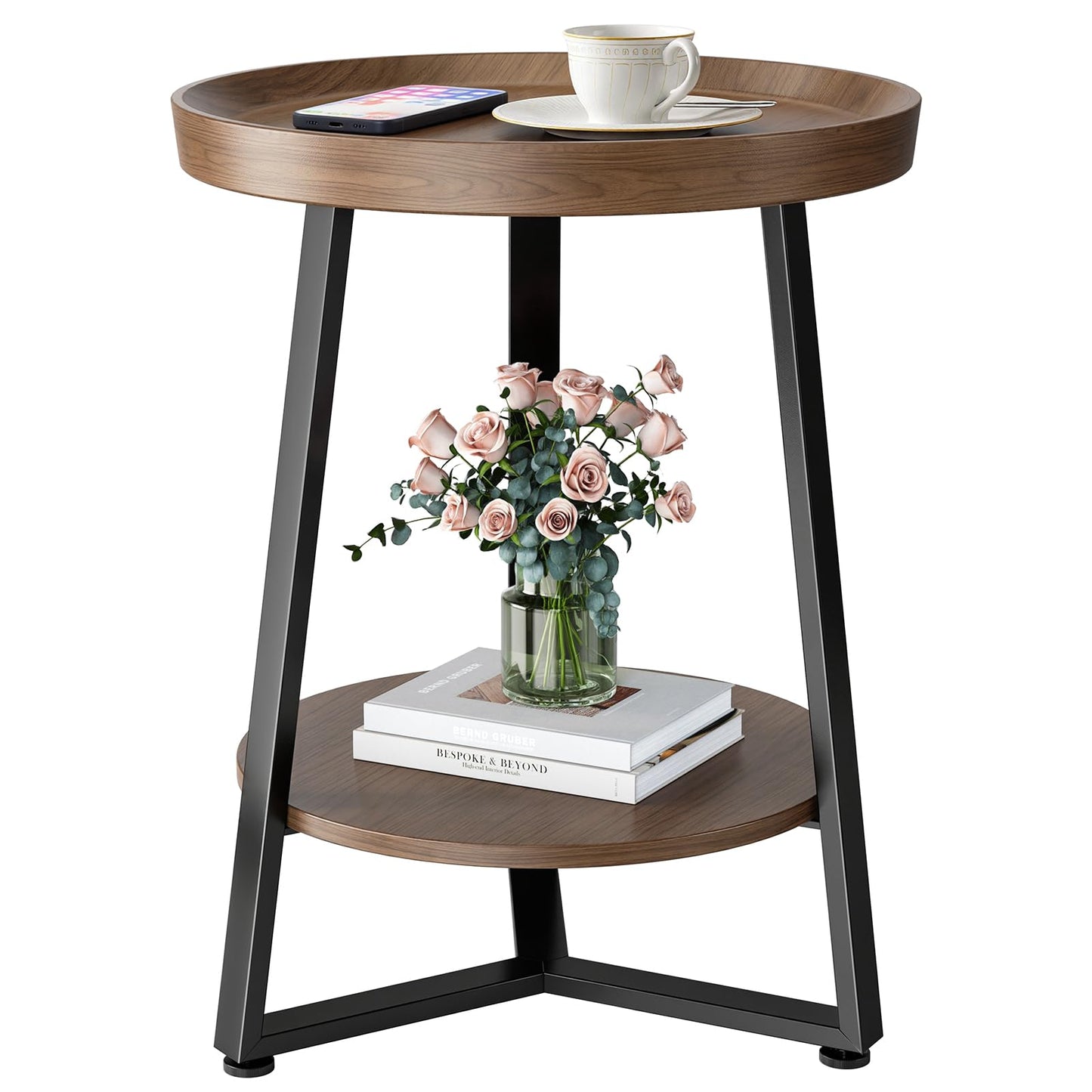 Round End Table, 2-Tier Tray Top Side Tables with Storage Shelf, Ultra Stable Coffee end Table/Nightstand, Modern Farmhouse Couch Table for Living Room, Bedroom, Bedside Stand or Small Spaces, Walnut
