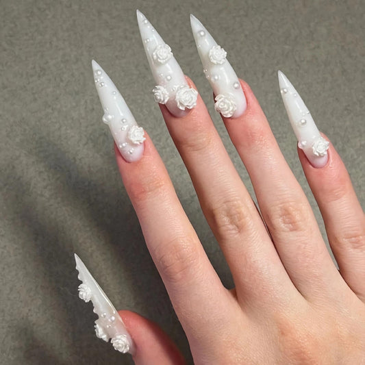 MISUD Press on Nails - Long Stiletto Fake Nails with White Flower Pearl, Acrylic Wedding Design 24 pcs