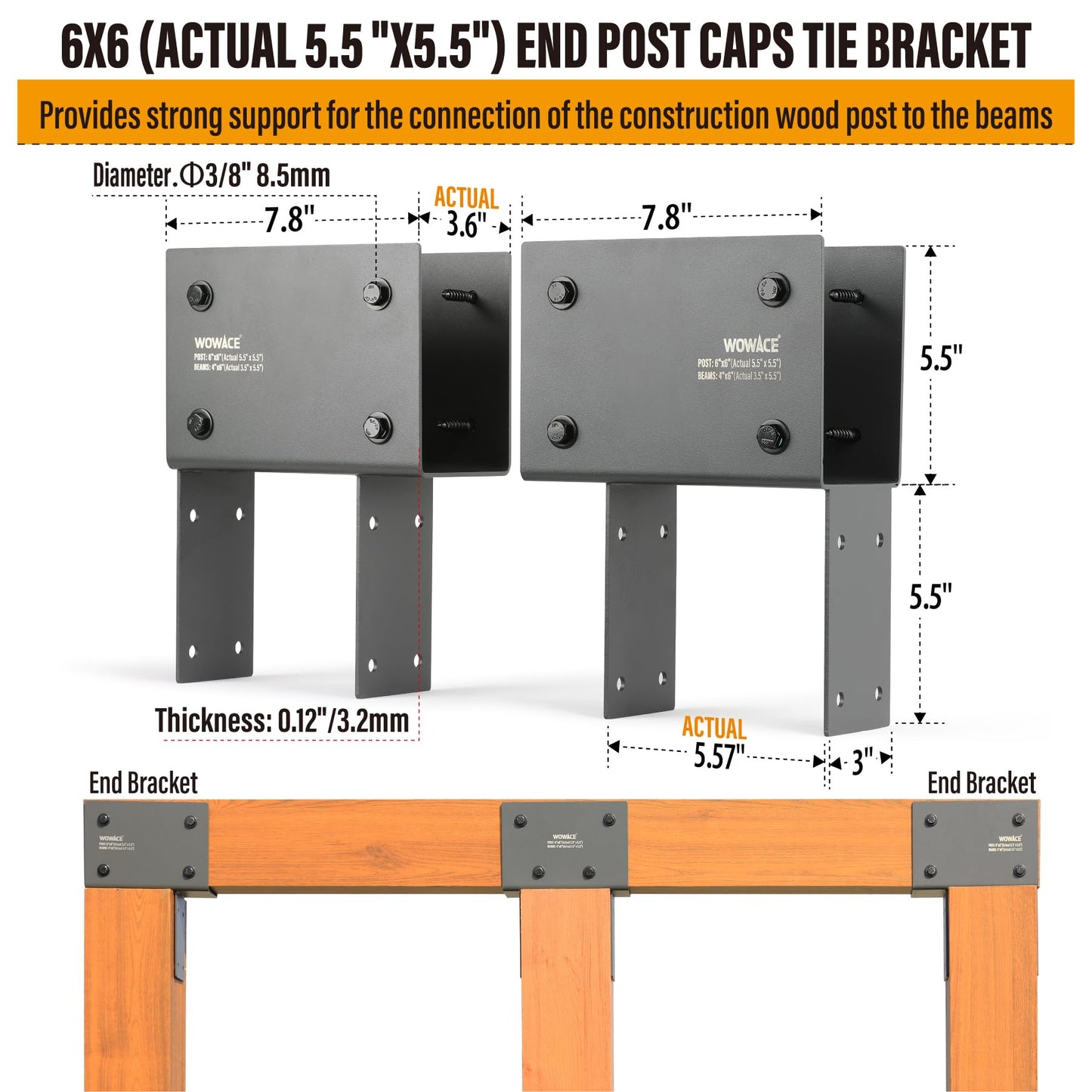WOWACE 2 Pack 4x6 (Actual 3.5"x5.5") Heavy Duty Stainless Steel Pergola Brackets - End Post to Beam Connector for Gazebos, Patio Decks, Porches - Wood Post Cap Tie Bracket (Dark Gray)
