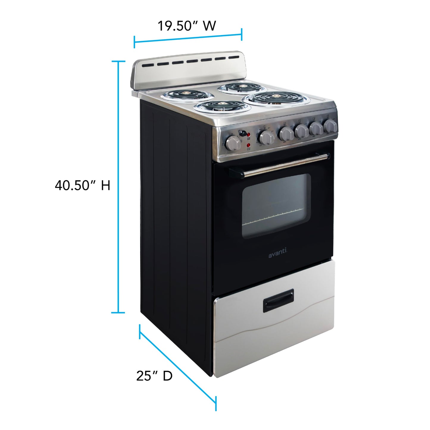 Avanti Electric Range Oven Compact Design, 2.1-Cu.Ft. Capacity with 4 Coil Burners, Framed Glass Oven Door, Storage Drawer and Broiler with Pan Perfect for Apartments, 20-Inch, Stainless Steel