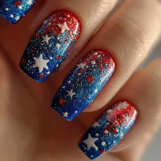 CJDLTS 24Pcs Independence Day Stars Press on Nails Medium Square Red Blue Smudge 4th of July Independence Day False Nail Full Cover Artificial Acrylic Nails Holiday Manicure Glue on Nail for Women