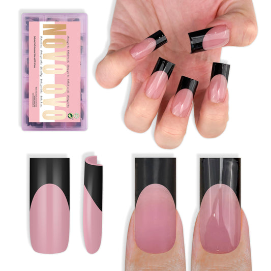 NOVO OVO Medium Sharp Square Black French Tip Nail Tips Press on BERRY PINK, Extra Thick NEED Builder Glue Gel & Top Coat, Soft Gel Full Cover False Fake Nail Extension for Salon DIY x 15 Sizes 180 pc