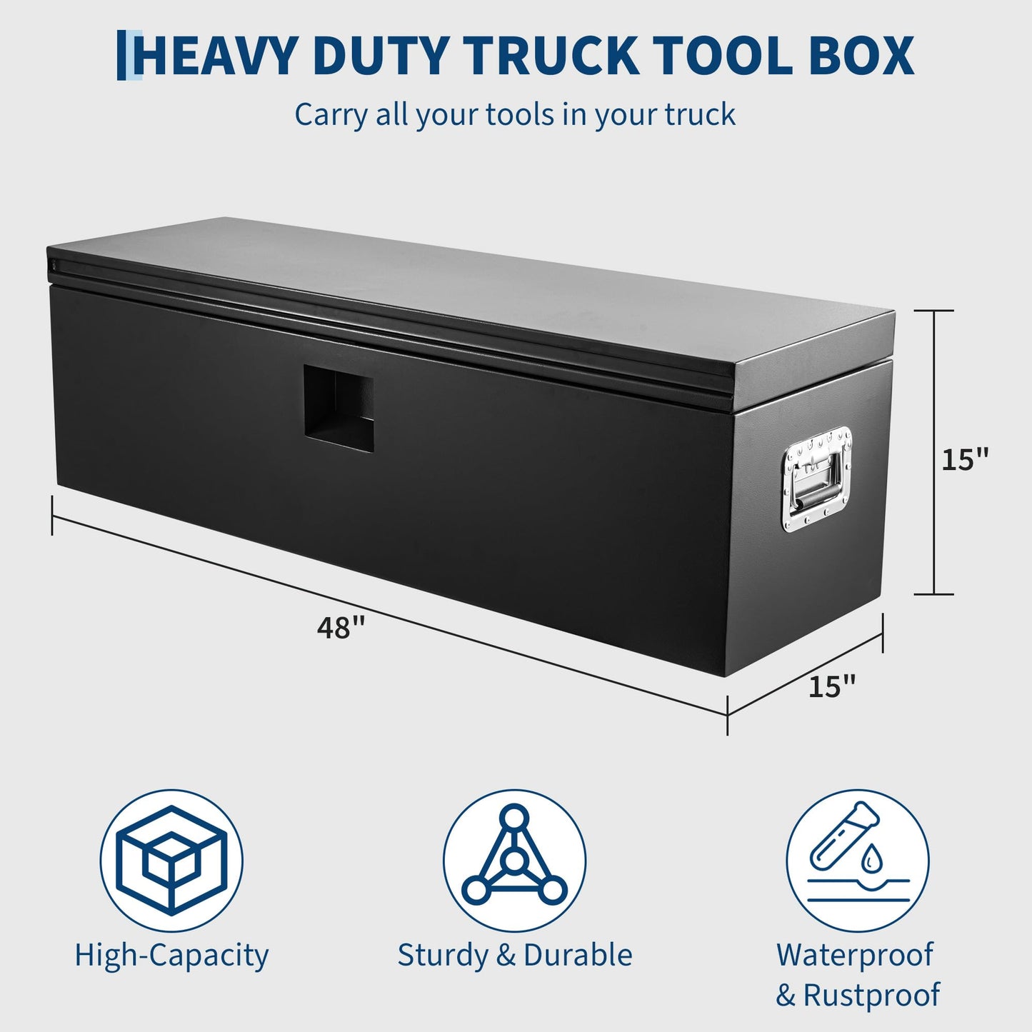 PeakPursuit Heavy Duty Black Steel Truck Bed Toolbox – 48x15 in Weatherproof Storage Chest with Dual Hydraulic Levers, Lock & Keys, Rubber Seal, Ideal for Pickup, RV, Trailer, Garage, Workshop