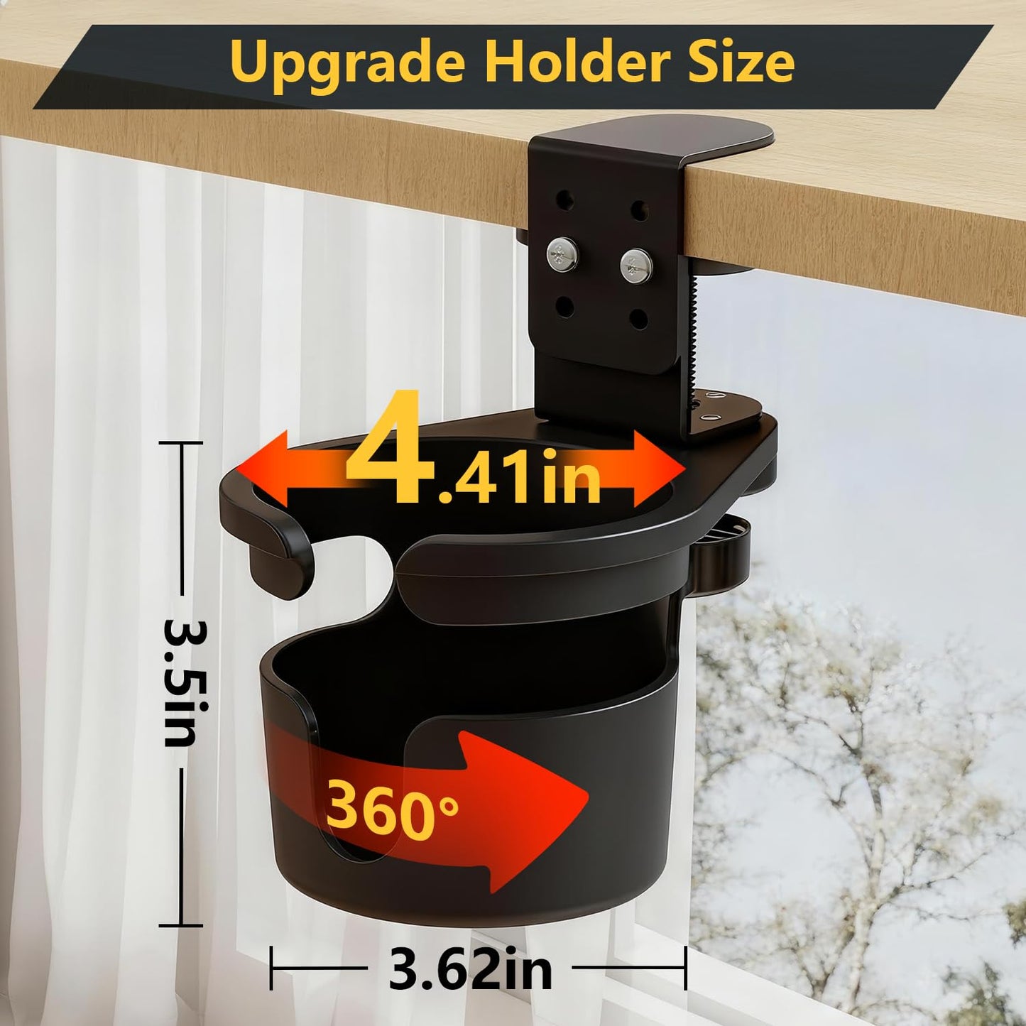 JAXYOOM Desk Cup Holder Clip On 360° Rotating Clamp,Deeper Anti-Spill Drink Holders for Water Bottles & Coffee Mugs,Adjustable Clamp Fits Screw On Table for Drinks,Office,Gaming Desk,Home,Black