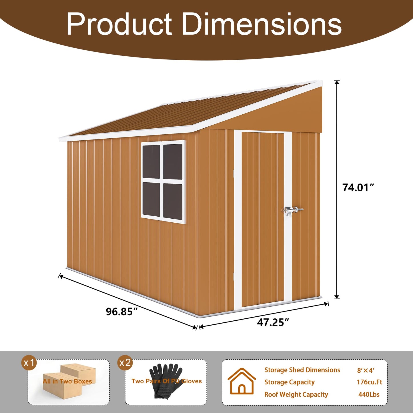 YOPTO 8x4 FT Sheds & Outdoor Storage,Heavy-Duty Metal Steel Shed with Windows and Weatherproof Sloped Roof,Waterproof Tool Sheds w/Lockable Door & Ventilation,for Garden,Lawn,Brown