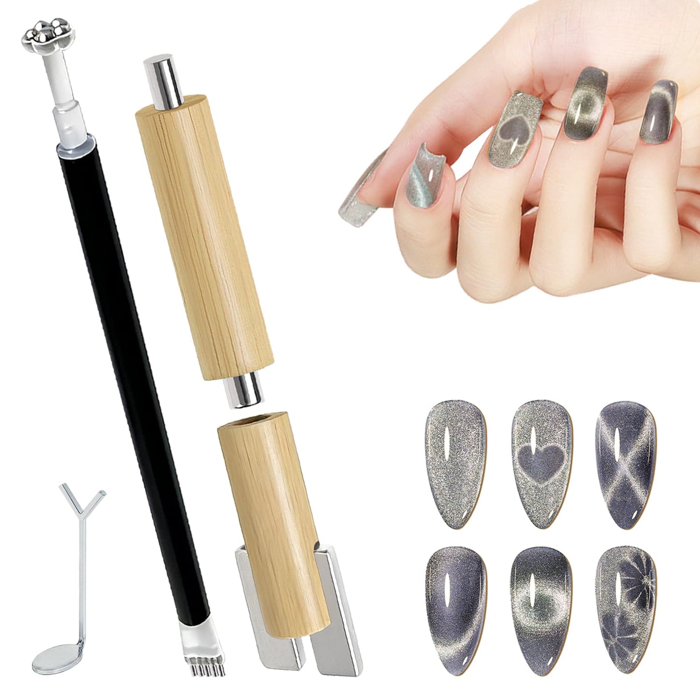 Caubuey 4 in 1 Cat Eye Nail Magnet Stick with Heart Shaped Tool, Multifunctional Magnetic Nail Pen for Gel Polish — 3D Cat Eye Magnet for DIY Nail Art, Manicure, Salon, Studio Use (Wood Color)