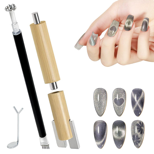 Caubuey 4 in 1 Cat Eye Nail Magnet Stick with Heart Shaped Tool, Multifunctional Magnetic Nail Pen for Gel Polish — 3D Cat Eye Magnet for DIY Nail Art, Manicure, Salon, Studio Use (Wood Color)
