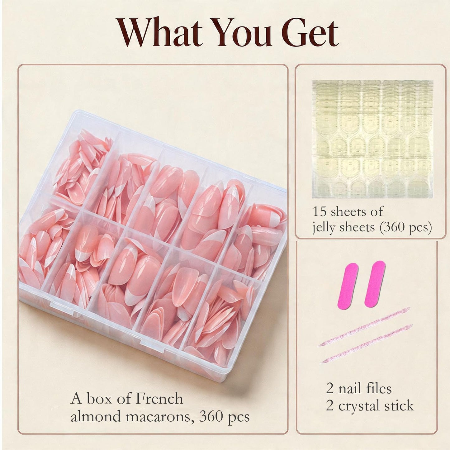 360Pcs Coffin French Tip Press-On Nails – Glossy Finish, Almond Shape, Reusable Kit with Jelly Stickers & Tools for Daily Wear, Weddings, Coffee Dates & More