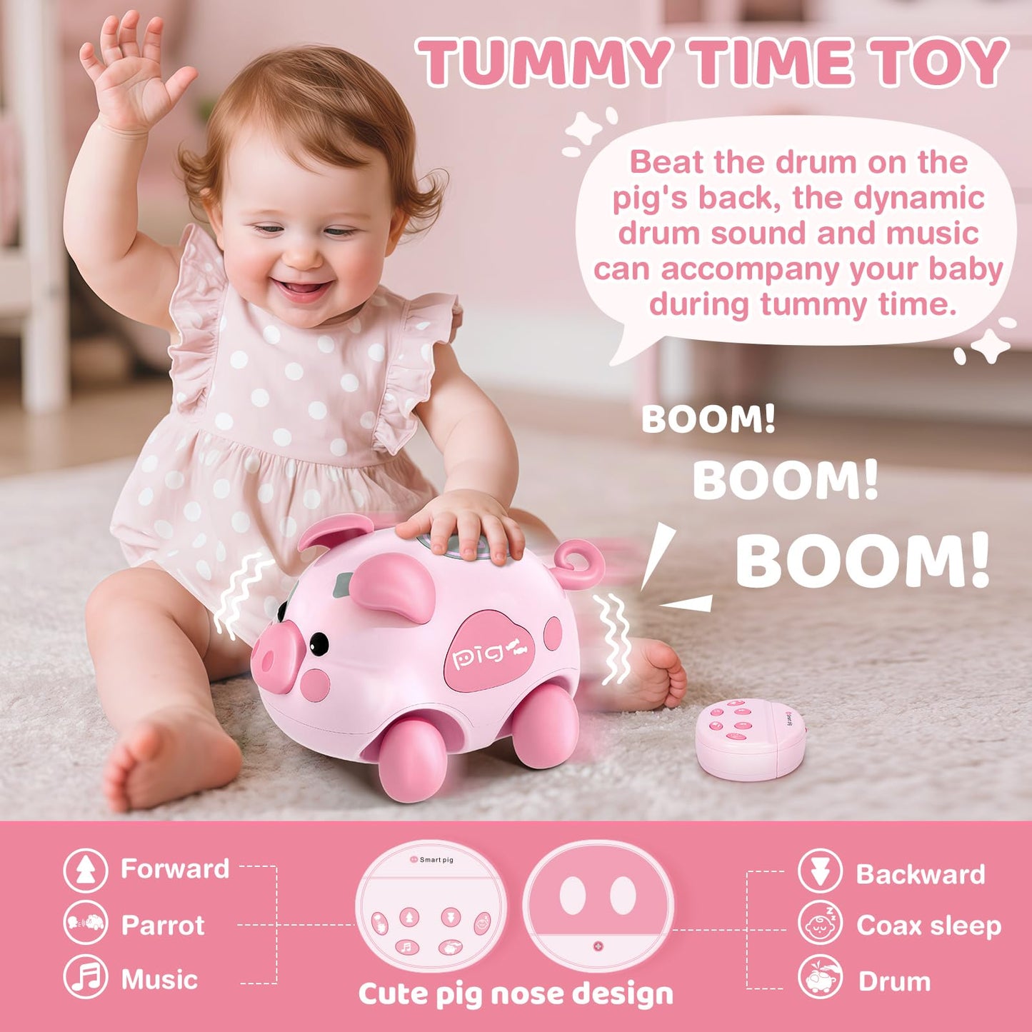 Baby Musical Toy for 6-12-18 Months, Musical Piggy Toy for Toddler 1 Year old Baby Girl, Infant Crawling Light Music Toys for Tummy Time Development, 1st Birthday Gift for Boy 7 8 9 10+ Month