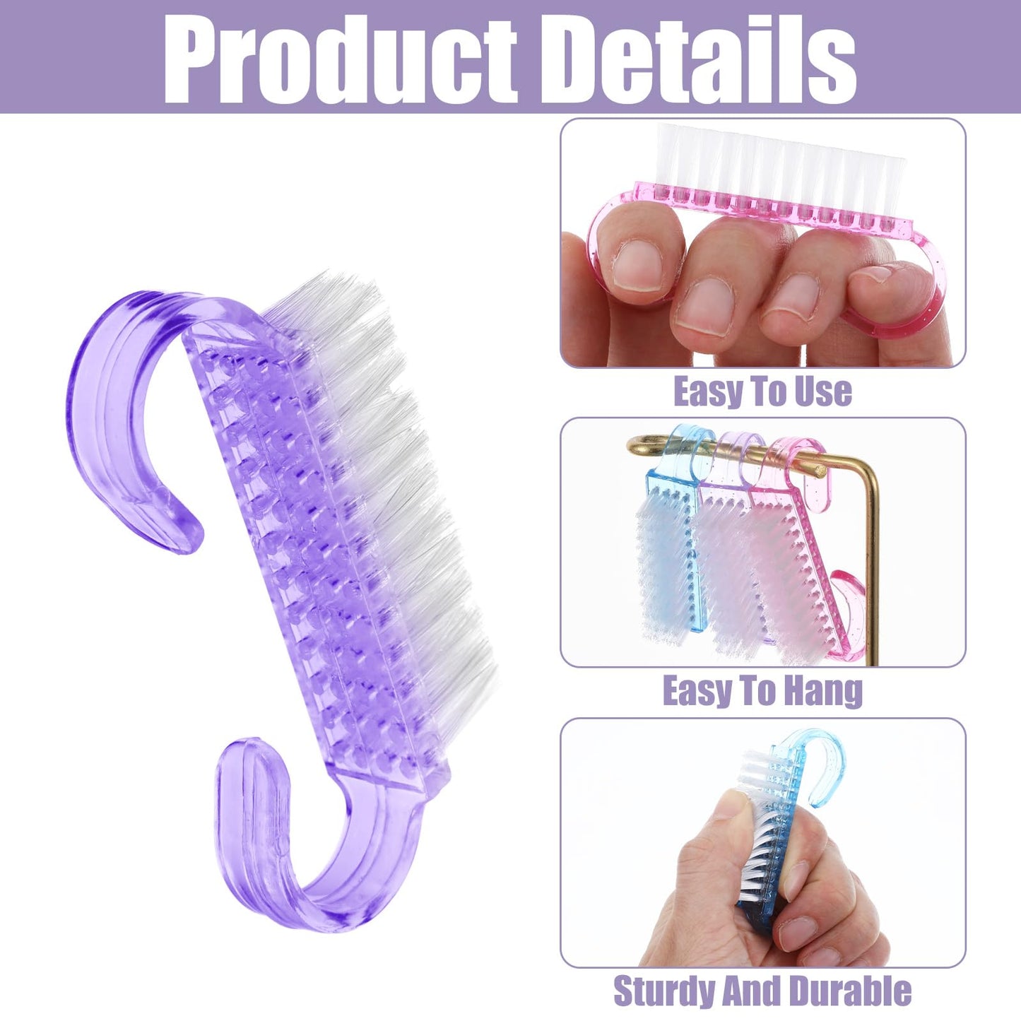 300 Pack Handle Grip Nail Brush Bulk, Small Nail Scrub Brush Nail Brush for Toes and Nails Cleaner, Pedicure Scrubbing tool kit for Men and Women (3 Colors)