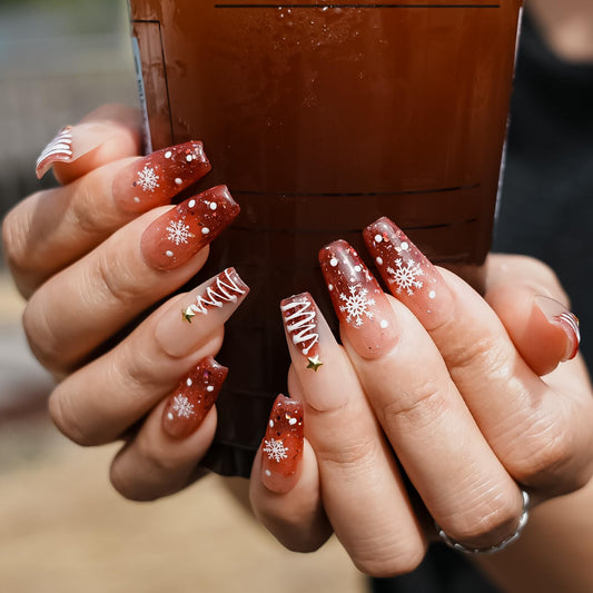 Tesytto Handmade Pink & Red Gradient Press on Nails Medium Coffin - Luxury 3D Pearl Star Design, Sweet Coquette Aesthetic Glossy Fake Nails (Festive Dream,S)