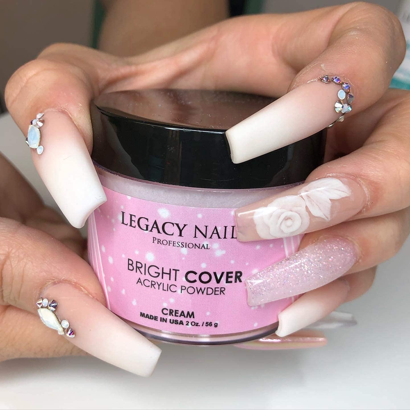 Legacy Nails Professional Bright Cover Full Coverage Color, CREAM 2 oz Acrylic Powder With Shimmer, Shine for Overlay Nail Extensions