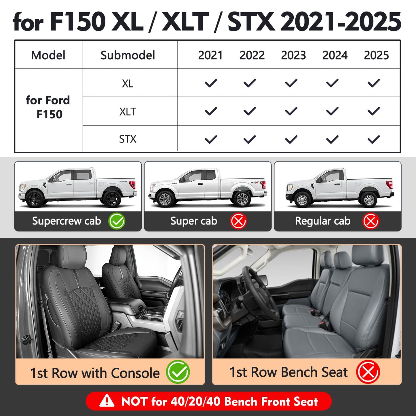 Seat Covers for F150 XL XLT STX 2021-2025 2024 2023 2022 Supercrew Cab, Accessories for F150, Truck Seat Protection, Durable Easy-Cleaning Leather, NOT for 40/20/40 Bench Front Seat(Jump Seat)