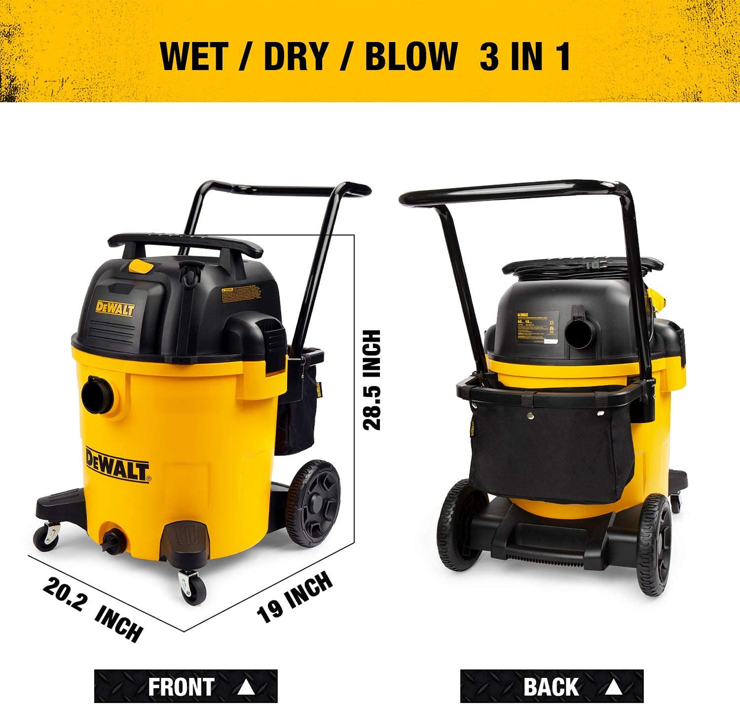 DEWALT 16 Gallon Shop Vacuum Wet/Dry, 6.5 Peak HP, Heavy Duty Poly Vac with Powerful Suction, Cart Style Wet/Dry/Blow 3 in 1 Multifunction Wet and Dry Shop Vacuum, Built-in Drain, DXV16PA