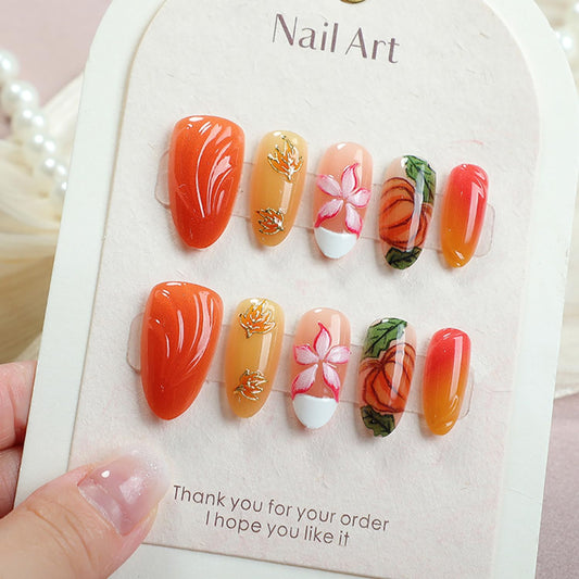 30Pcs Thanksgiving Maple Leaf press on Nails Medium Almond Artificial Acrylic Fake Nails French White Tip Gradient 3D Flower with Rhinestones Stick on Nail Full Cover Artificial Fingernails for Women