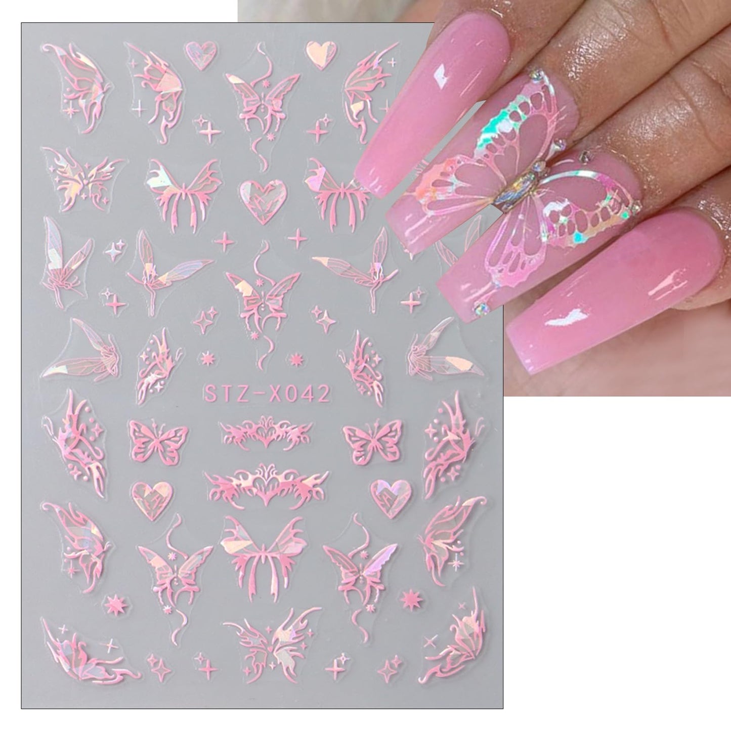 6Sheet Shiny Butterfly Nail Art Sticker,3D Holographic Black Pink Butterfly Nail Stickers Embossed Pendant Design Nail Decals Stars Heart Nail Sticker for Women DIY Nail Art Decoration