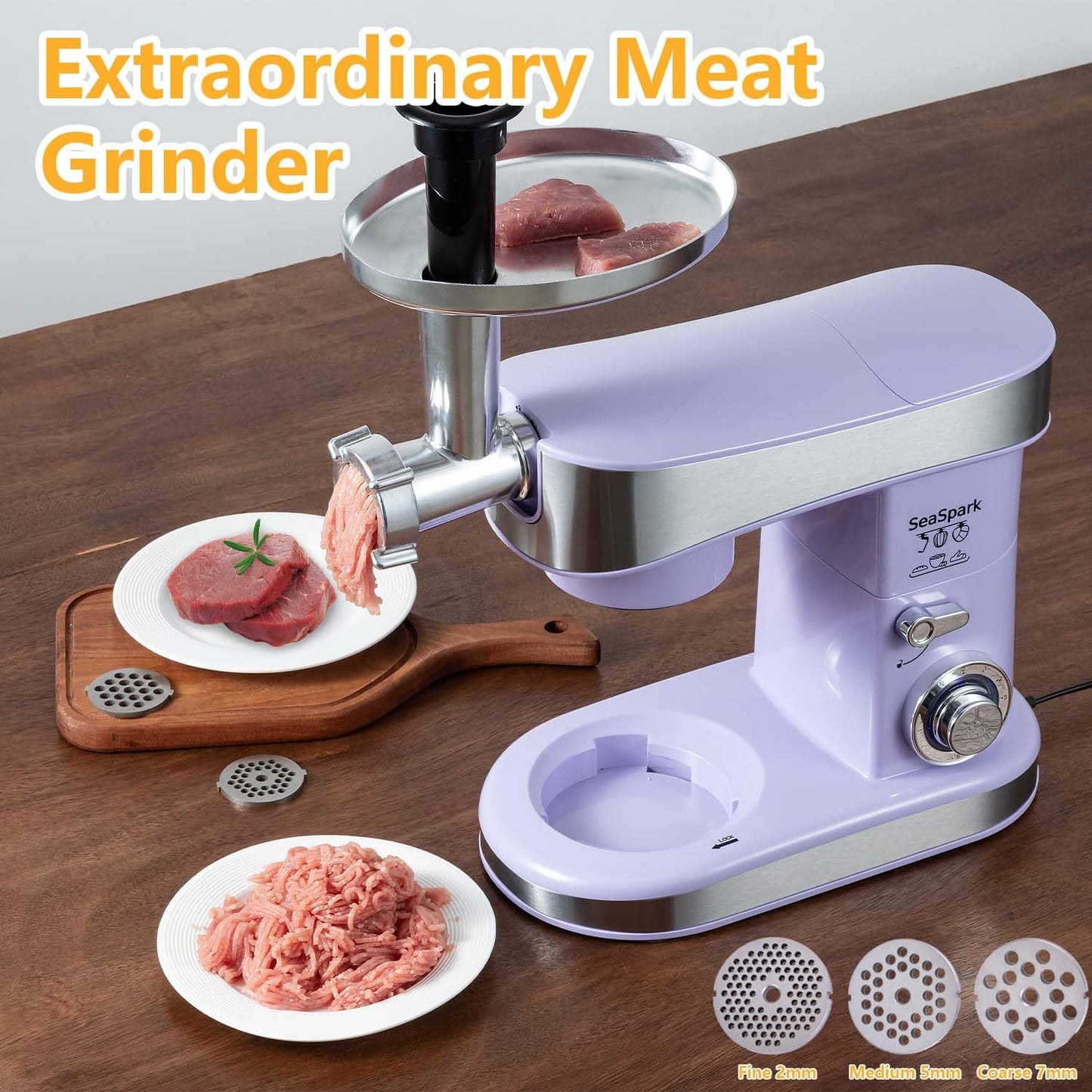 SeaSpark Multifunctional Stand Mixer, 6 in 1 Stand Mixer, 6.3Qt Tilt-head, Standing Mixer with Stainless Steel Bowl, Meat Grinder, Juice Blender, for professional Baking and Most Home Cooks, Purple