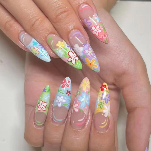 MERVF Long Almond Press on Nails - Colorful Flower French Tip Fake Acrylic Nails, Spring Design Stiletto 24pcs Glossy