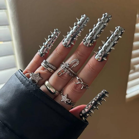 IMRAIN Press on Nails Long Square Fake Nails Metal Silver Acrylic False Nails with Rivets Design Chrome Gothic Full Cover Y2K DIY Nail Supplies Stick on Nails for Women Manicure