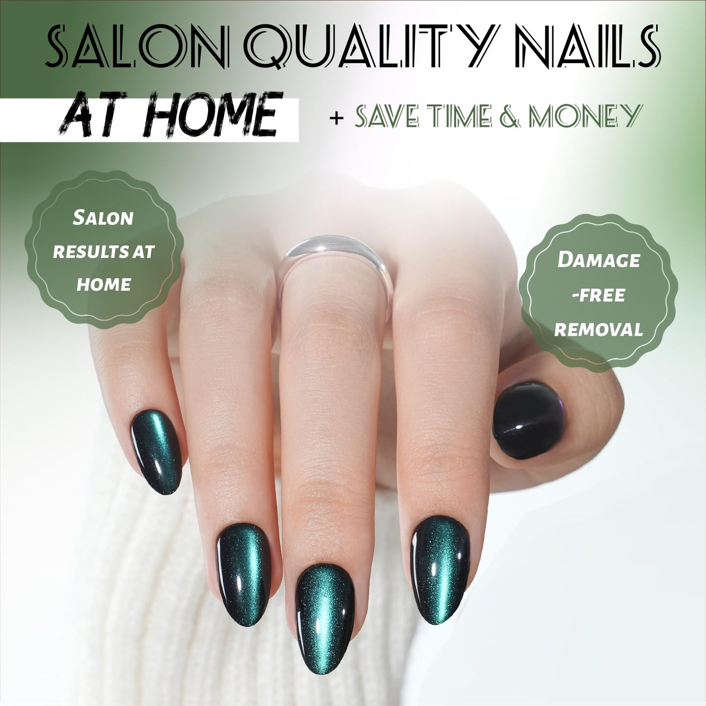 Green Cat Eye Press On Nails Almond - Short Almond Fake Nails with Nail Glue, Dark Green Cateye Press On Nails Reusable Stick On Nails in 16 Sizes 32 Nail Kit for Women & Girls | Salon Quality