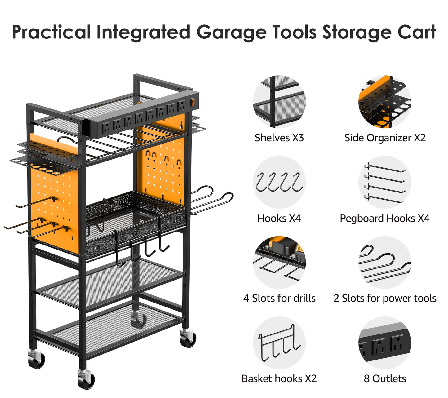 CCCEI Power Tool Organizer Cart with Charging Station, Garage Floor Rolling Storage Cart on Wheels for Mechanic, Mobile 6 Drill, Tool Box Utility Cart with Power Strip, Yellow.