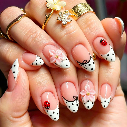 French Tip Press on Nails Medium, Almond Fake Nails White Summer False Nails with 3D Floral Polka Dot Design Artificial Acrylic Nails Reusable Full Cover Glue on Nails for Women 24Pcs