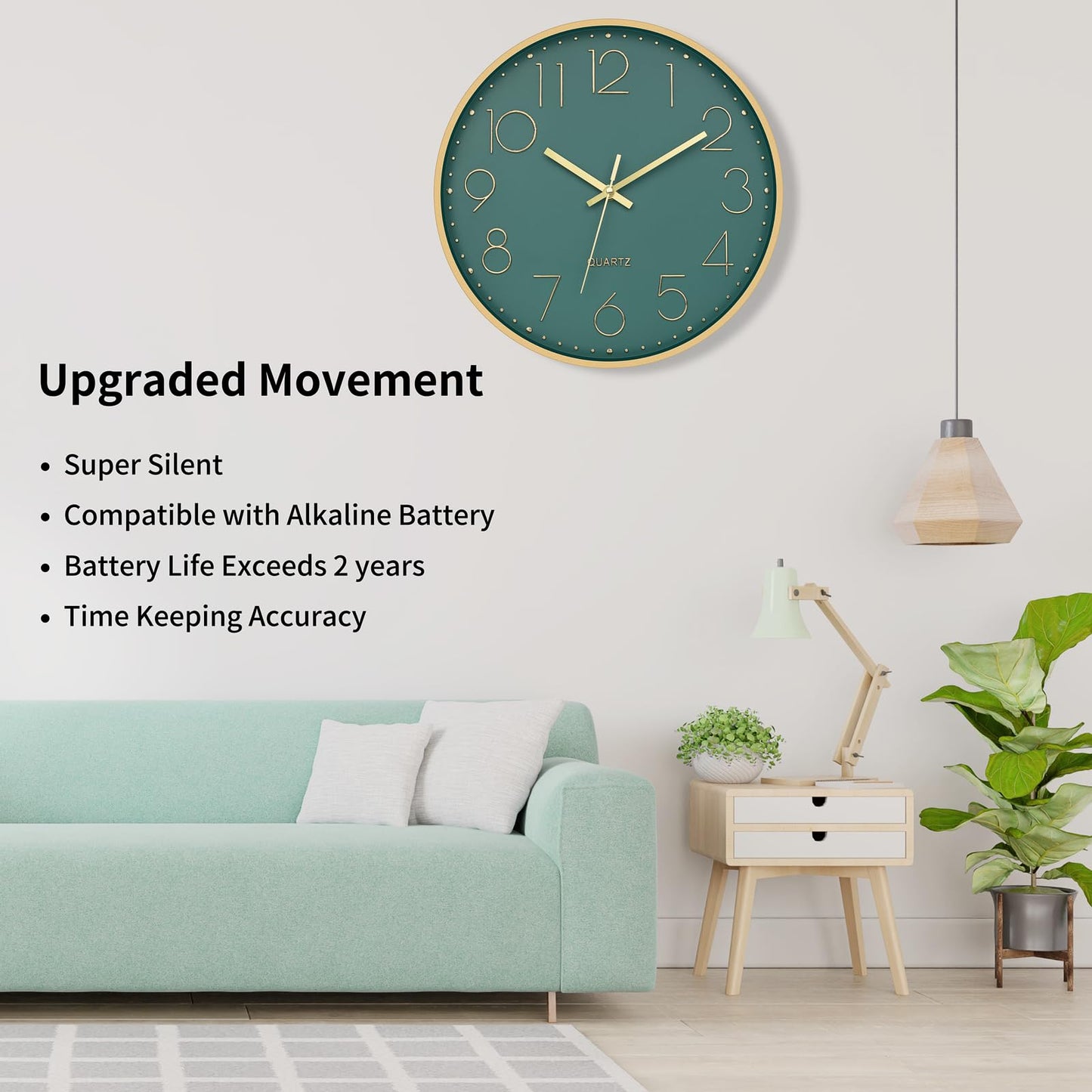 Foxtop Modern Wall Clock 12 Inch Silent Non Ticking Battery Operated Round Quartz Gold Wall Clock for Living Room Bedroom Kitchen Office Classroom Decor (Dark Green Dial)