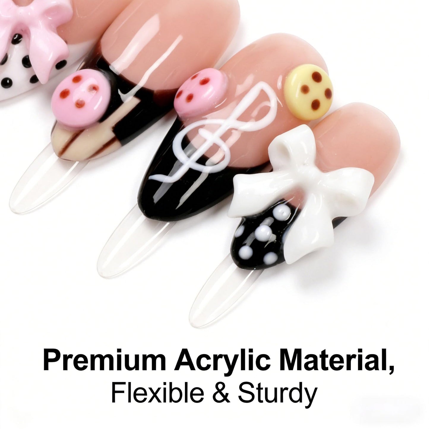 Handmade Press on Nails Almond Shape 3D Cute Glue on Nails for Women, Luxury Homemade Press on Nail Art Design, Fake Nails with 3D Nail Charms Size M 8