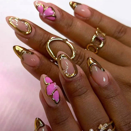 VOTACOS Gold French Tip Press on Nails Almond Medium 3D Butterfly Acrylic Fake Nails Press Ons with Designs Pearl Gold Line Glue on Nail for Women 24PCS Nude Reusable Artificial Stick on False Nail