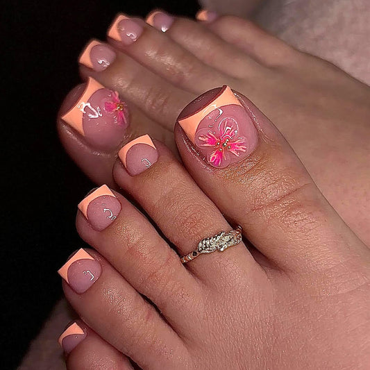 24Pcs Summer Press on Toenails Short Square Fake Toe Nails with 3D Flower Design French Tip False Toenails Pink Flower Glue on Nails Glossy Nude Full Cover Acrylic Toenails for Women
