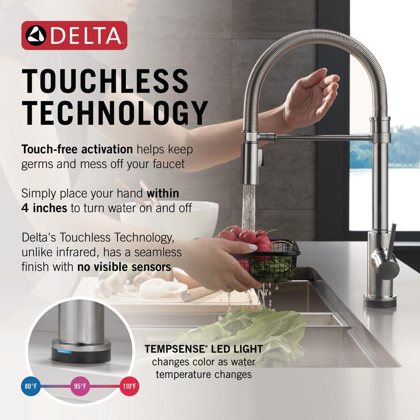 Delta Faucet Trinsic Touch Kitchen Faucet with Touchless Technology, Brushed Nickel Pro Commercial Style Kitchen Faucet, Kitchen Faucets with Pull Down Sprayer, Arctic Stainless 9659TL-AR-DST