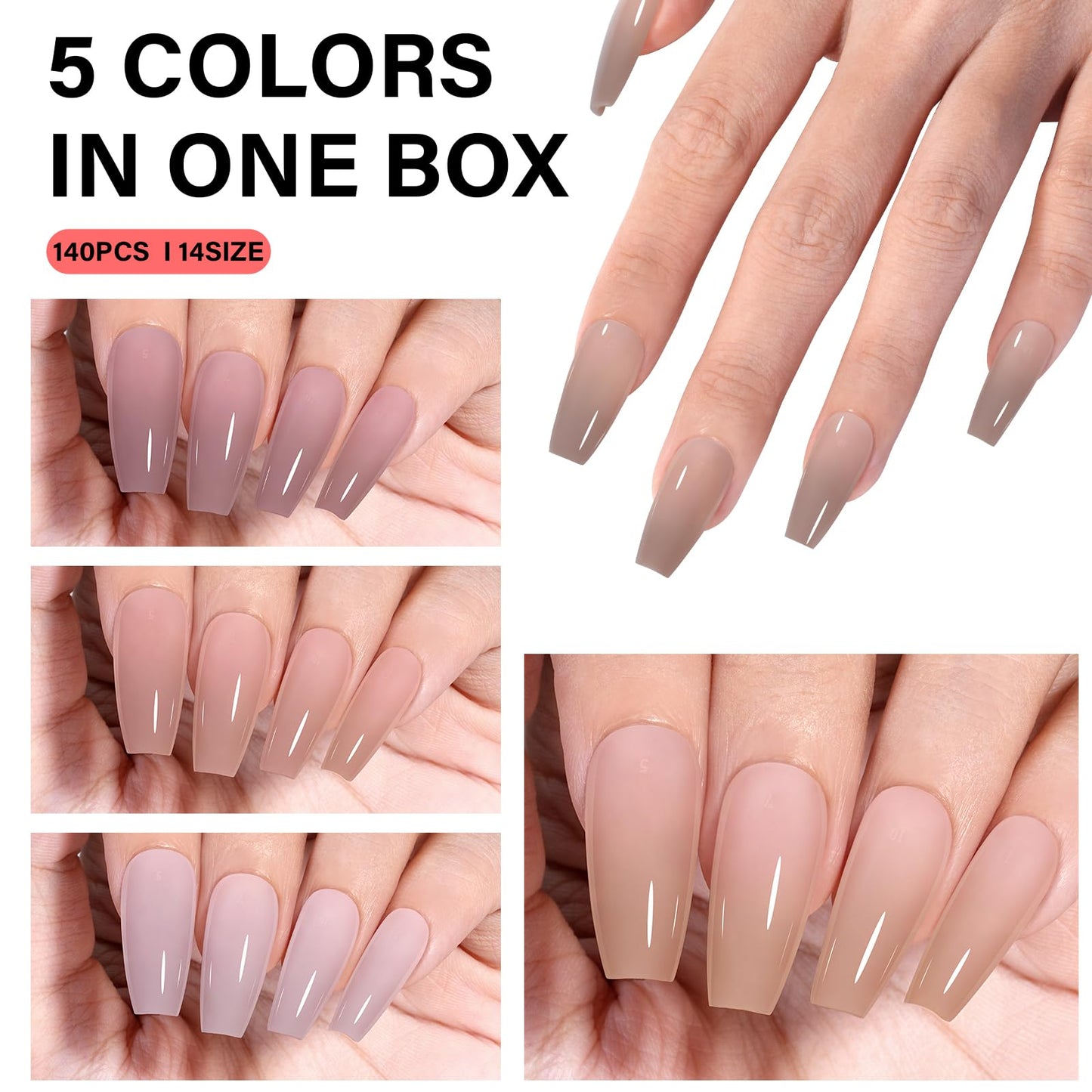 AILLSA RealFit Nude Tone Mixed Color Press On Nails 4 in 1 Pre-Shaped Nail Tips Medium Coffin Full Cover Fake Nails Extension Natural Gel Tips Easy to Apply For Nail Art DIY 140 PCS