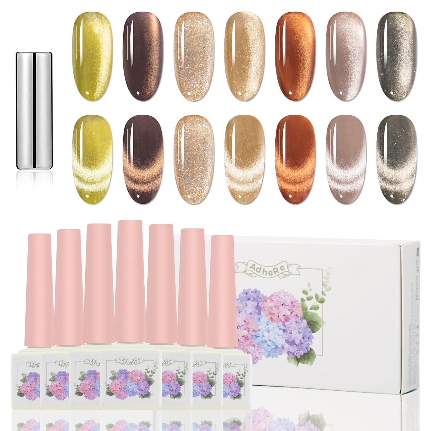 ADHERE Cat Eye Gel Nail Polish Set 12ML, 7 Colors Holographic Cat Eye Glitter Gel Polish Set Orange Brown Fall Nail Gel Polish Kit with Magnet Soak Off LED Nail Art Gel DIY Salon Gifts For Women