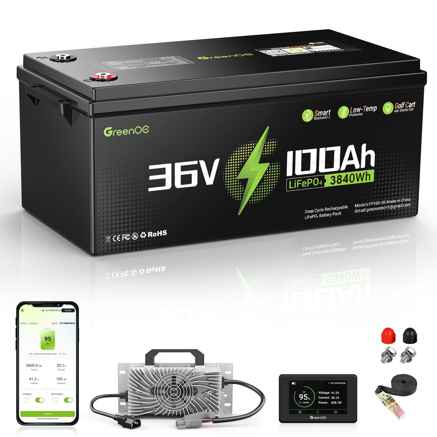 36V 100Ah Lithium Golf Cart Battery, 36V LiFePO4 Battery, Built-in 200A BMS, Golf Cart Batteries with Bluetooth APP & LCD Monitor, 43.8V 20A Charger, Max with 7.68kW Output, 1000A Peak Current
