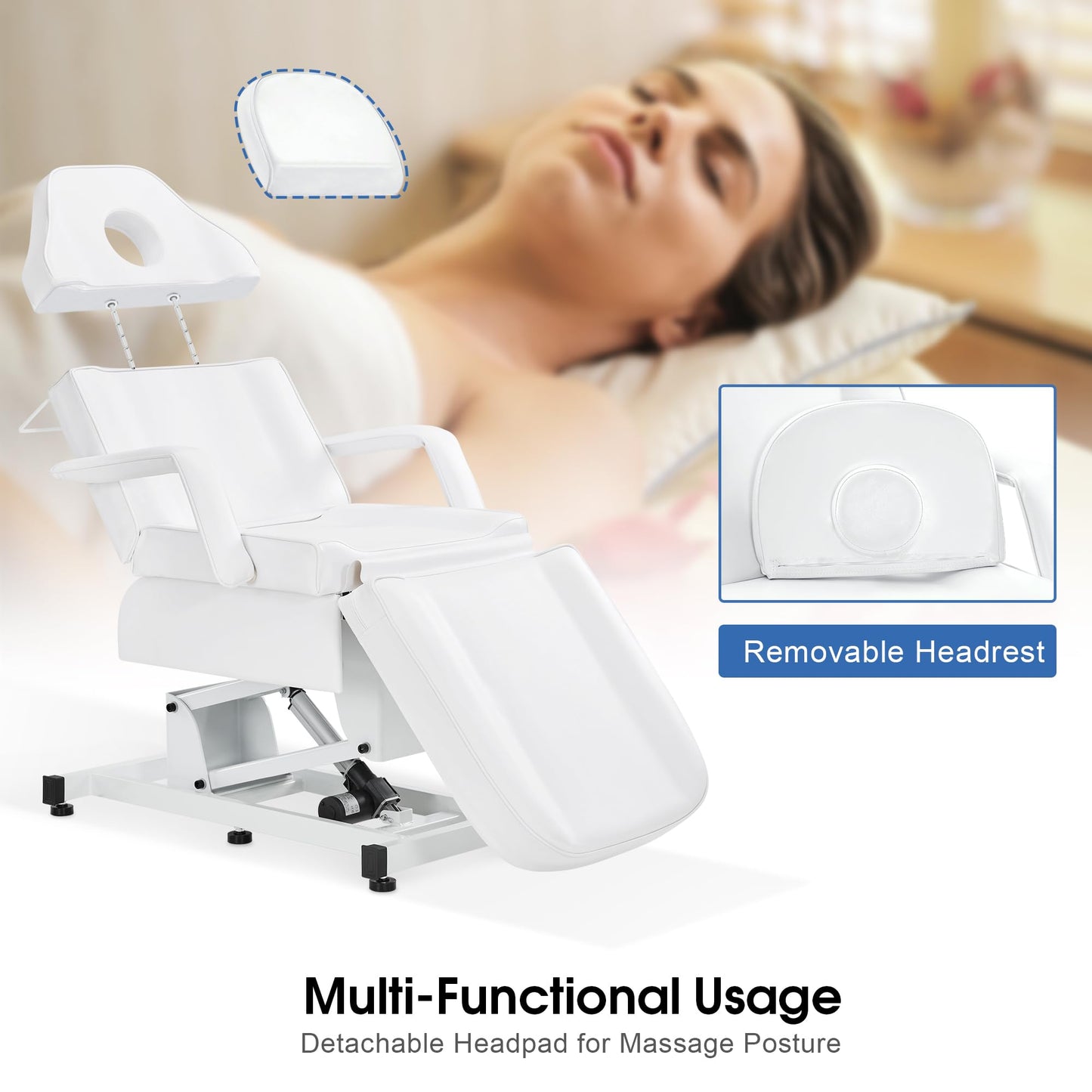 BarberPub Fully Electric Facial Bed with 3 Motor for Esthetician, Electric Tattoo Chair for Client, Facial Bed for Esthetician, Electric Adjustment 2751 (White)