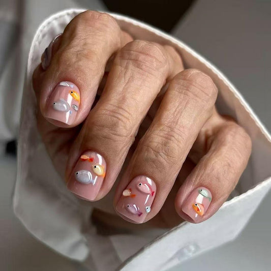 3D Press on Nail Short Square Fake Nails with Colorful Fish designs Stick on Nail Glossy Full Cover Nude Pink Press ones Summer Glue on Nails for Women Beach False Nails 24pcs