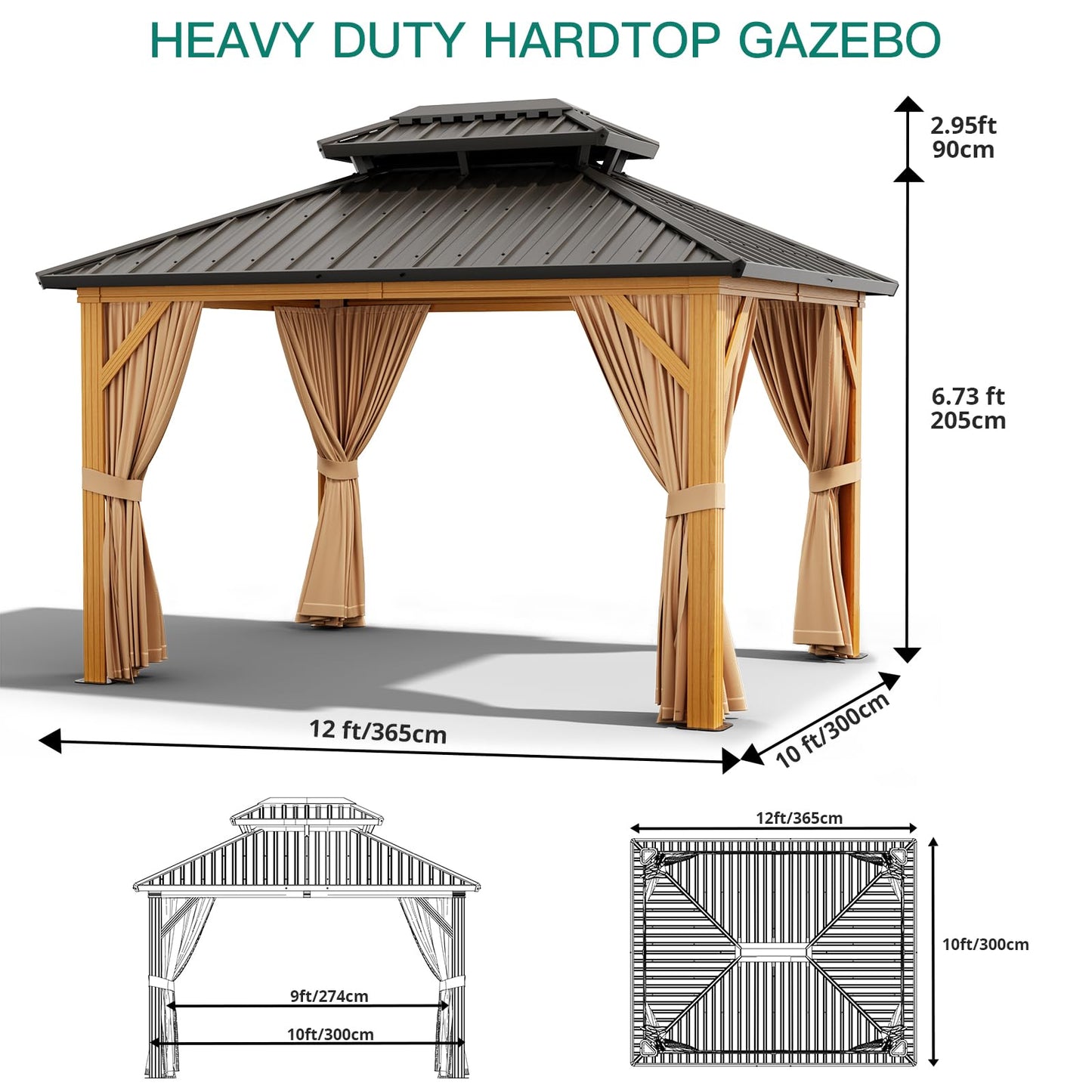 GarveeLife 10x12 ft Double Roof Hardtop Gazebo, Heavy Duty Galvanised Steel Hardtop Pavilion with Netting and Curtains, Faux Wood Grain Metal Gazebo for Patio, Terrace, Lawn and Deck, Wood Grain